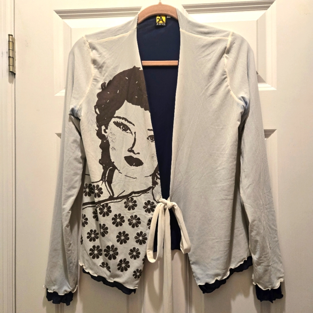 Vintage Y2K Top L Micro Mesh Tie Open Front Graphic Face Layered Long Sleeve